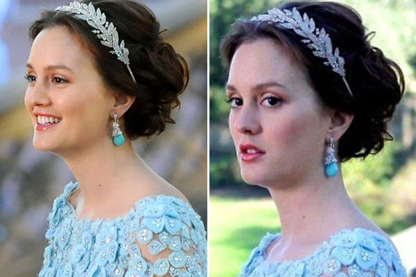 A atriz Blair Waldorf usou um coque super fofo com tiara de folhas em um episódio da série Gossip Girl