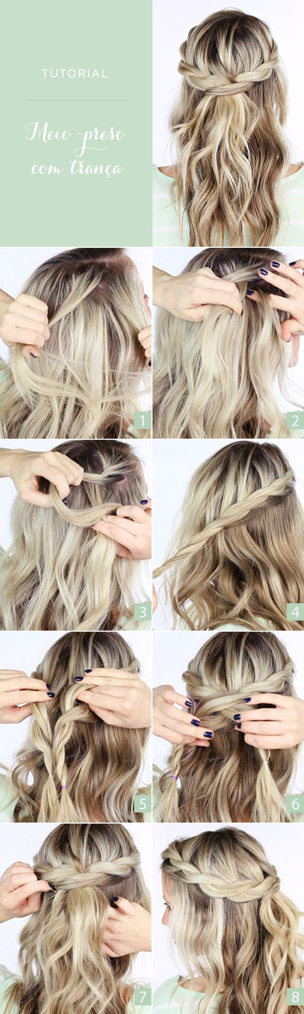 Tutorial de penteado meio-preso com trança - Constance Zahn | Constance  Zahn | 15 anos, image size:600x1997